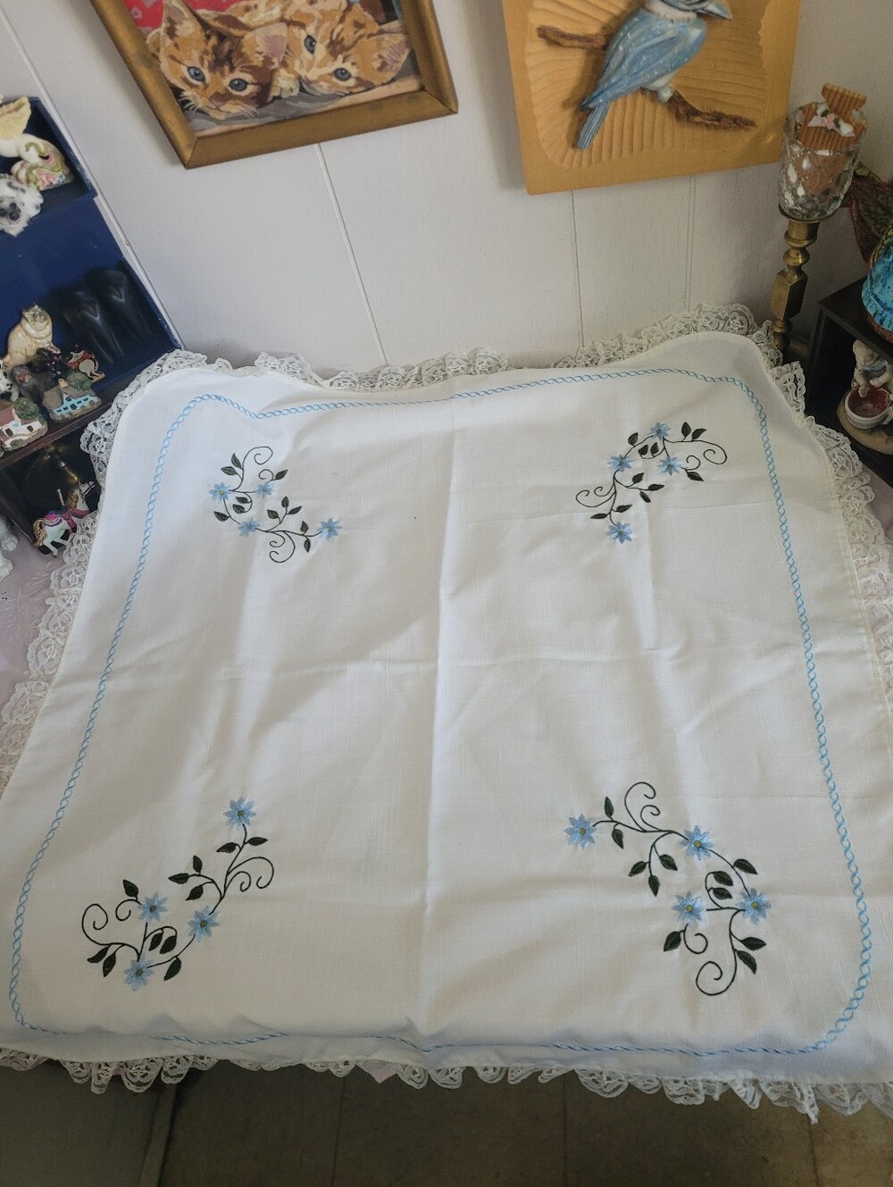 Hand-Embroidered Floral Side Tablecloth - White with Blue Flowers Vintage